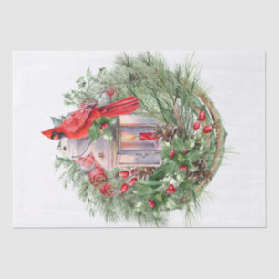 Papier Mousseline Aquarelle rouge cardinale Oiseau Noël d'hiver