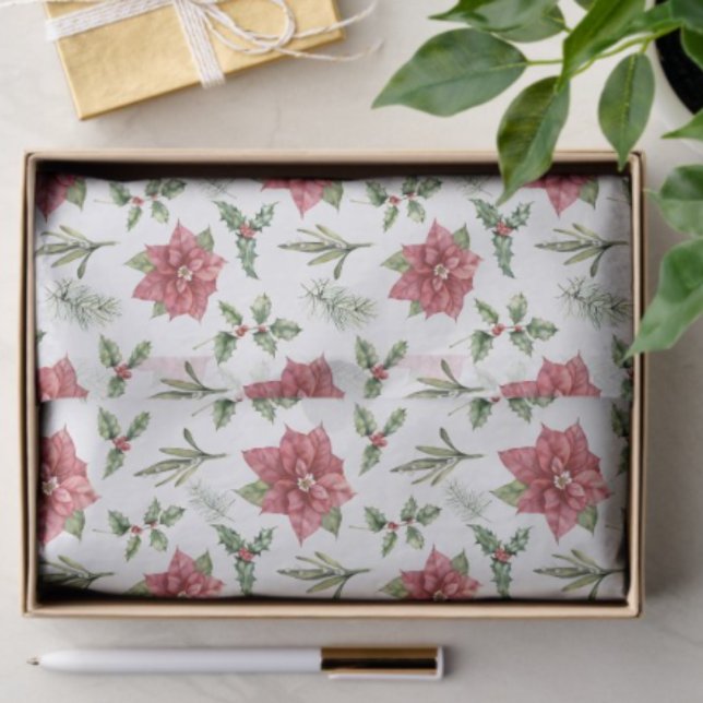 Papier Mousseline Aquarelle Rouge Poinsettias Holly Fir Noël (Créateur téléchargé)