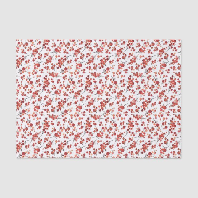 Papier Mousseline Aquarelle Rouge Winterberry Holly Motif de Noël (Recto)