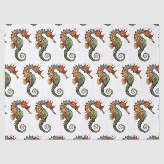 Papier Mousseline Aquarelle Seahorse Vert Orange Motif Découpage (Recto)