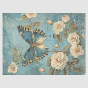 Papier Mousseline Aquarelle Shabby chic papillon marine & rose
