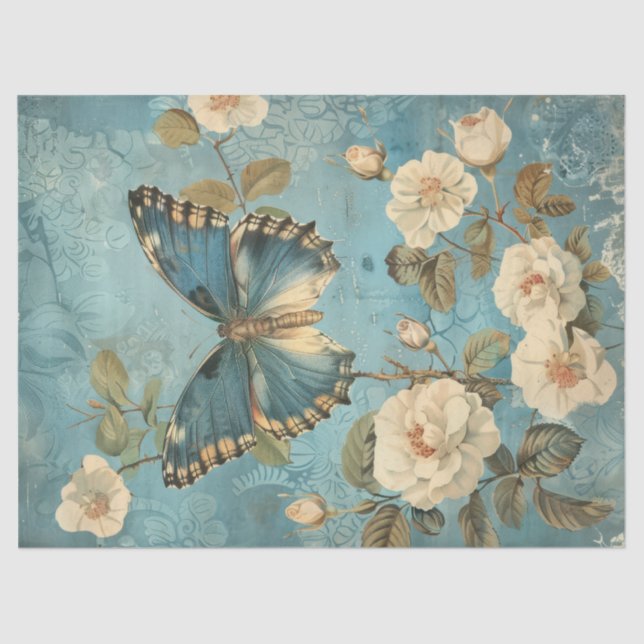 Papier Mousseline Aquarelle Shabby chic papillon marine & rose (Recto)