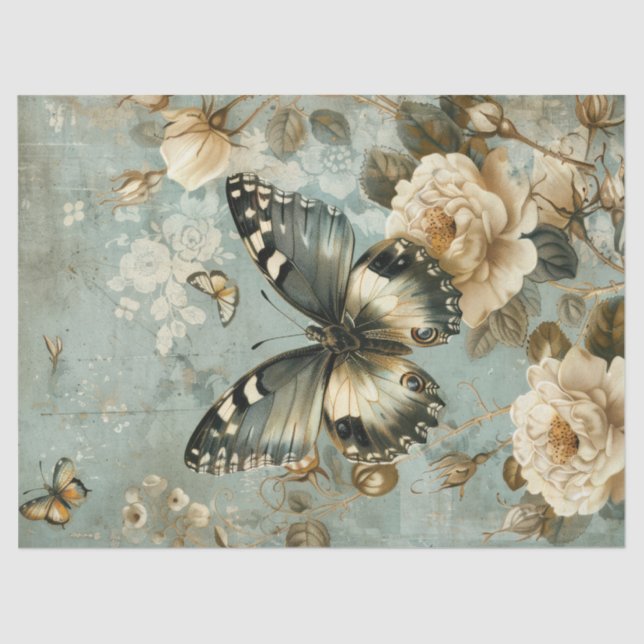 Papier Mousseline Aquarelle Shabby chic papillon marine & rose (Recto)