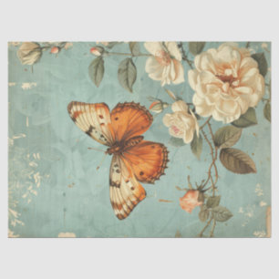 Papier Mousseline Aquarelle Shabby chic papillon orange & rose