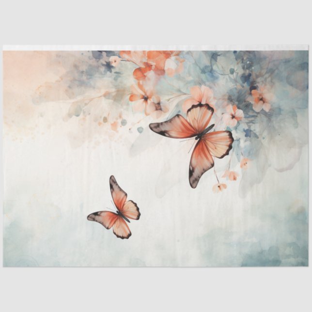 Papier Mousseline Aquarelle shabby chic papillons vert pastel (Recto)