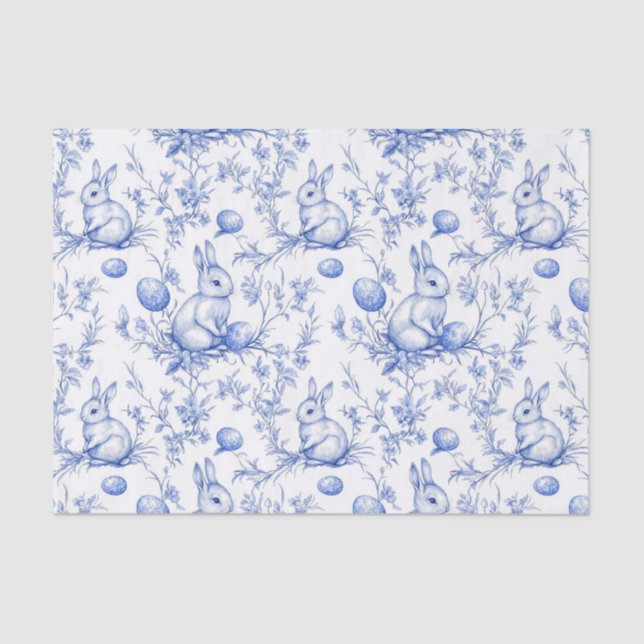 Papier Mousseline Aquarelle Toile Bleue De Jouy Bunny Pâques (Recto)