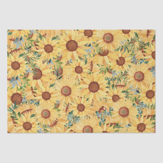 Papier Mousseline Aquarelle Tournesol jaune et Feuilles   (Recto)