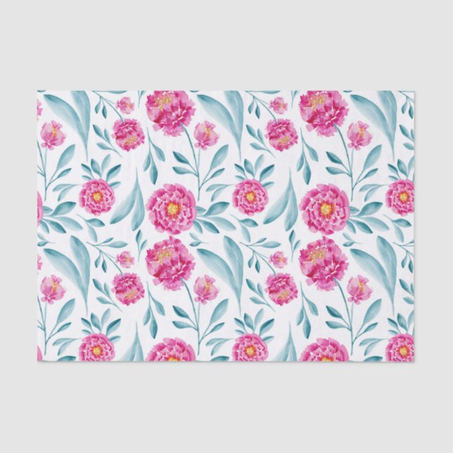 Papier Mousseline Aquarelle Turquoise rose vif Motif Floral été (Recto)