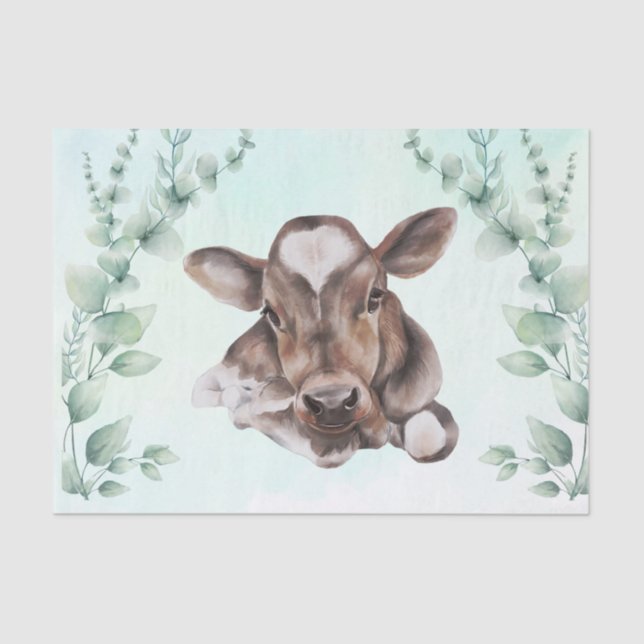 Papier Mousseline Aquarelle Vache bébé veau Eucalyptus (Recto)