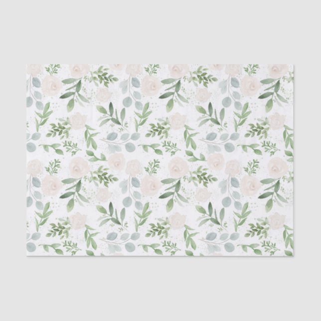 Papier Mousseline Aquarelle vert et fleurs blanches Motif (Recto)
