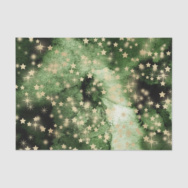 Papier Mousseline Aquarelle verte avec étoiles dorées (Recto)