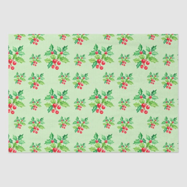 Papier Mousseline Aquarelle verte simple Holly Berries Xmas Motif (Recto)