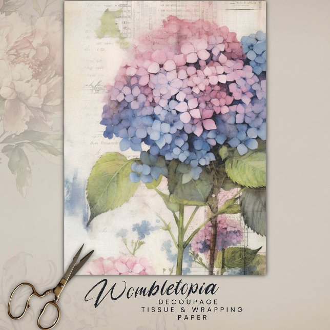 Papier Mousseline Aquarelle vintage bleu rose Hydrangea Découpage (Créateur téléchargé)