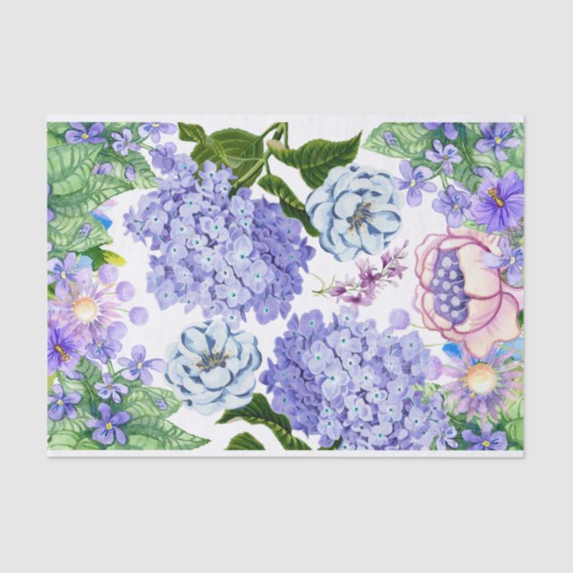 Papier Mousseline Aquarelle violet, rose, Fleurs de jardin bleues (Recto)
