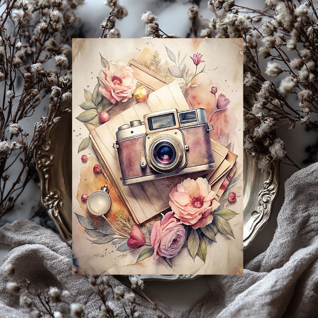 Papier Mousseline Aquarelle Voyage retro caméra vieilles photos rose (Watercolor travel retro camera old photos roses tissue paper)