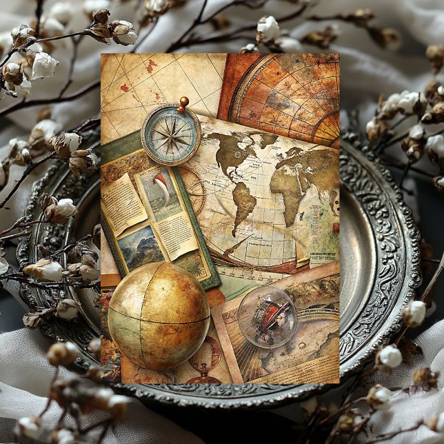 Papier Mousseline Aquarelle Voyage rétro compas vieilles photos de c (Watercolor travel retro compass old map photos tissue paper)