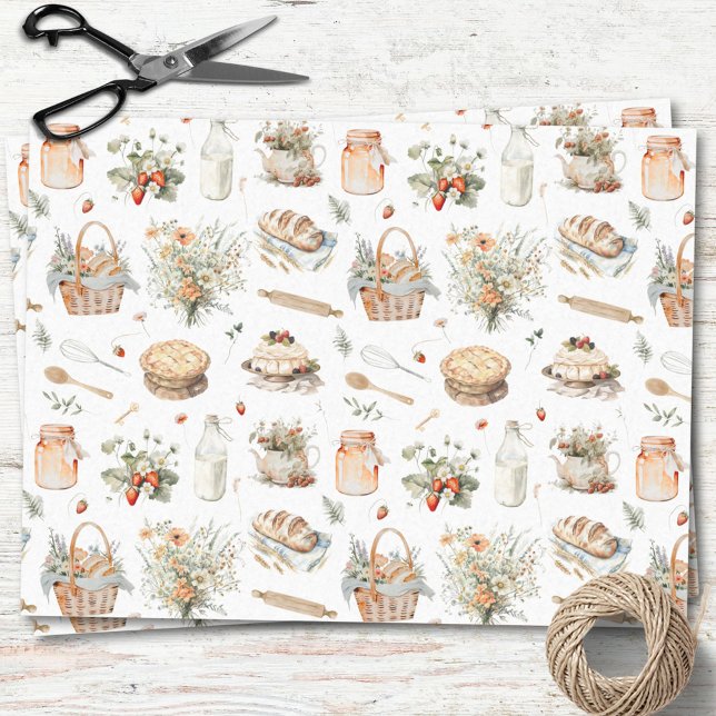 Papier Mousseline Aquarelle Whimsical Floral Strawberry Country (In situ)