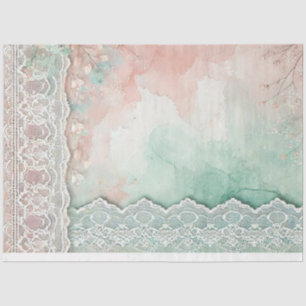 Papier Mousseline Aquarelles pêche et vert et dentelle