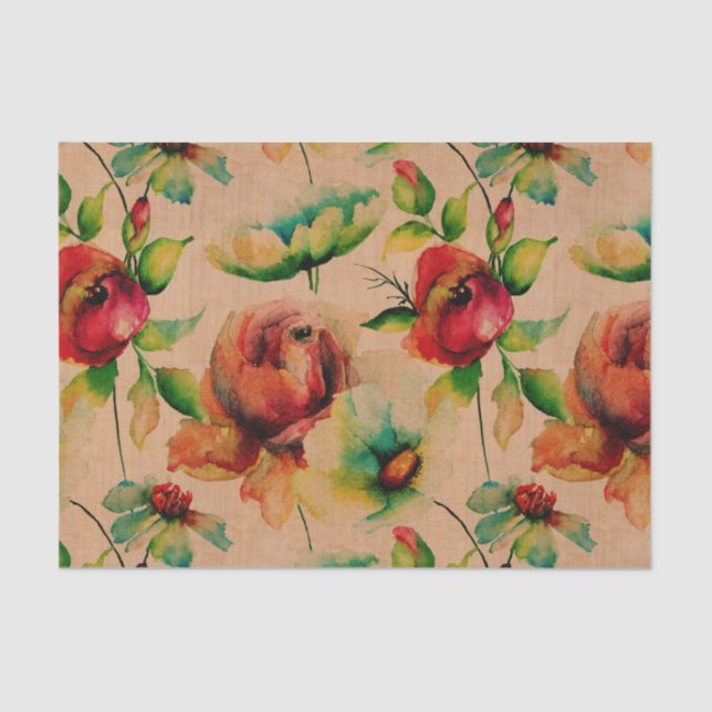 Papier Mousseline Aquarelles Roses rouges sur bois (Recto)