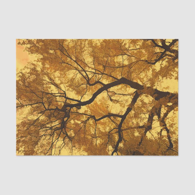 Papier Mousseline Arbre d'automne Feuilles oranges Ciel jaune (Recto)