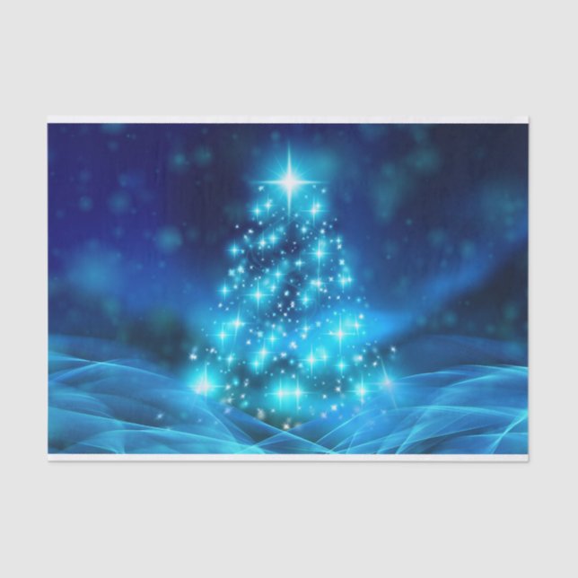 Papier Mousseline Arbre de Noël bleu cool avec lumières étincelantes (Recto)