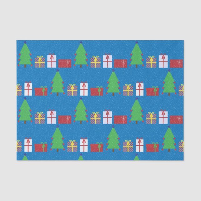 Papier Mousseline Arbre de Noël et cadeaux sur papier de tissus bleu (Recto)