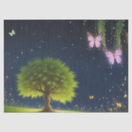 Papier Mousseline Arbre de saule de nuit avec papillons et lucioles