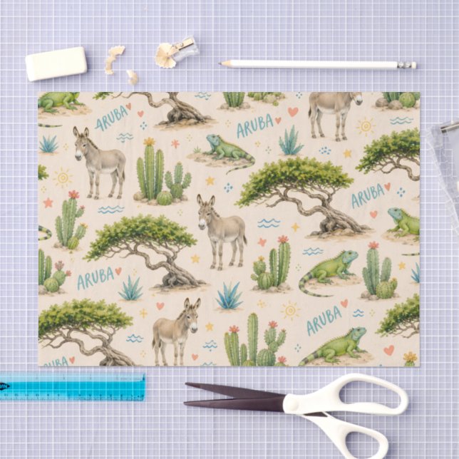 Papier Mousseline Arbre divi d'Aruba, âne, iguane, cactus (Artisanat)