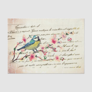 Papier Mousseline Arbre Fleur de Cerisier Oiseau Bleu Vintage Découp