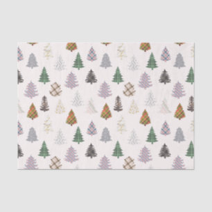 Papier Mousseline Arbres de Noël à motifs plaid blanc