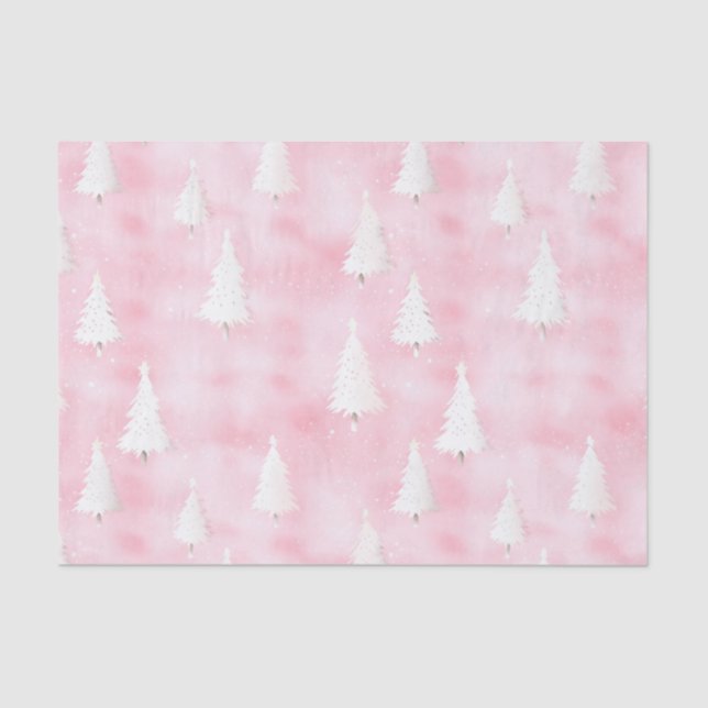 Papier Mousseline Arbres de Noël blancs Aquarelle rose (Recto)