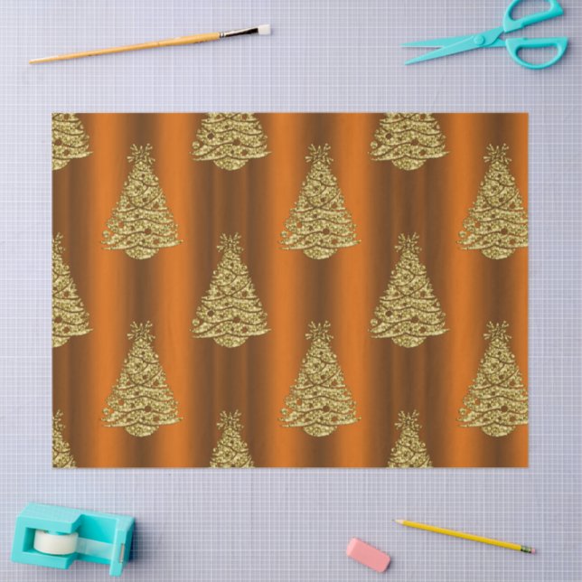 Papier Mousseline Arbres de Noël dorés sur Orange (Artisanat)