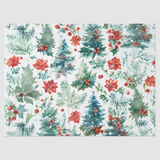 Papier Mousseline Arbres de Noël, Poinsettias, Holly et Pine Deco (Recto)