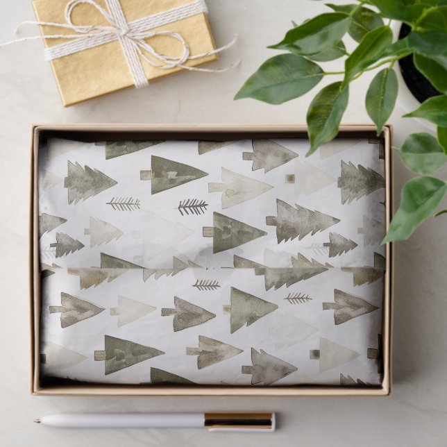 Papier Mousseline Arbres de Noël vert olive (Cadeau)