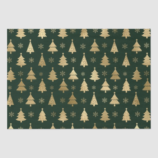 Papier Mousseline Arbres de Noël verts et dorés en feuille d'alumini (Recto)