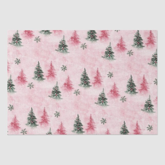 Papier Mousseline Arbres de Noël verts roses (Recto)
