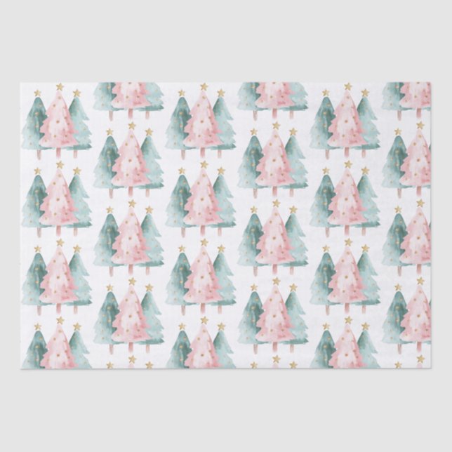 Papier Mousseline Arbres de Noël verts roses étoiles d'or (Recto)