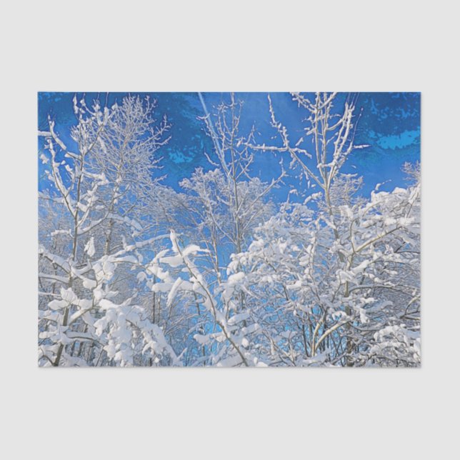 Papier Mousseline Arbres Neige hiver couvert Ciel bleu peint paysage (Recto)