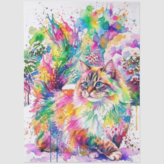 Papier Mousseline Arc-en-ciel Fantaisiste Chat Fluffy Aquarelle en H
