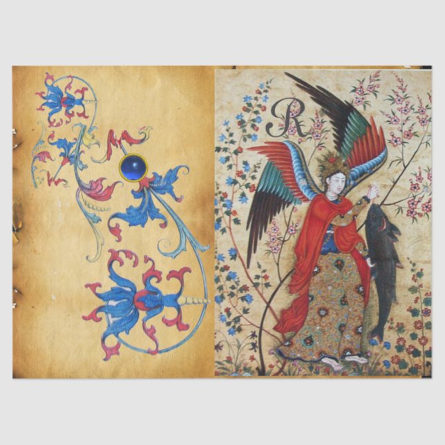 PAPIER MOUSSELINE ARCHANGEL RAPHAEL ET PARCHEMENT FLORAL BLEU POISSO (Recto)