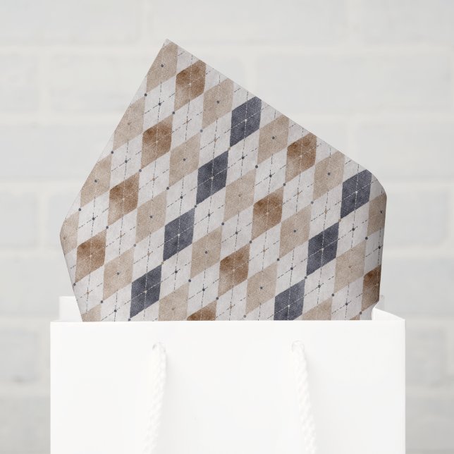 Papier Mousseline Argyle Bleu Crème Fête des Pères (Sac cadeau)