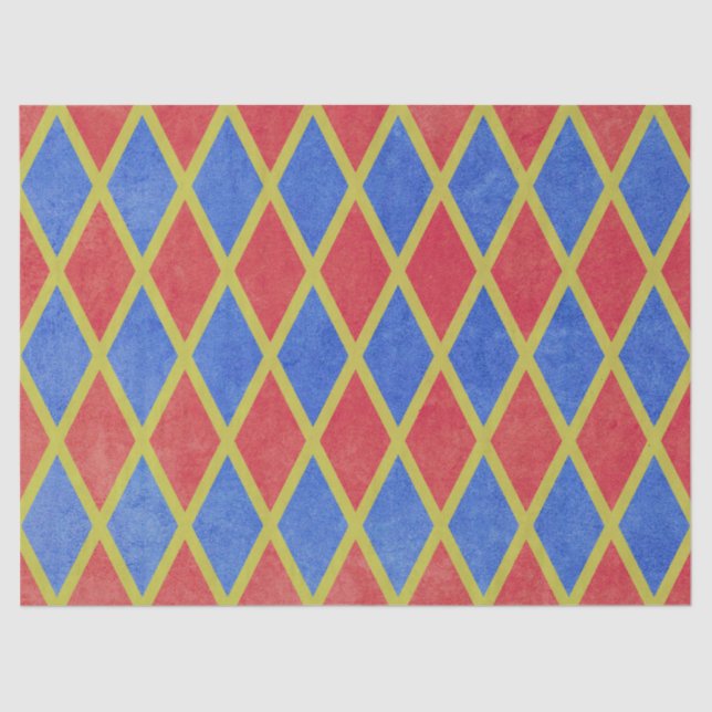 Papier Mousseline Arlequin géométrique rouge et bleu motif diamant (Recto)