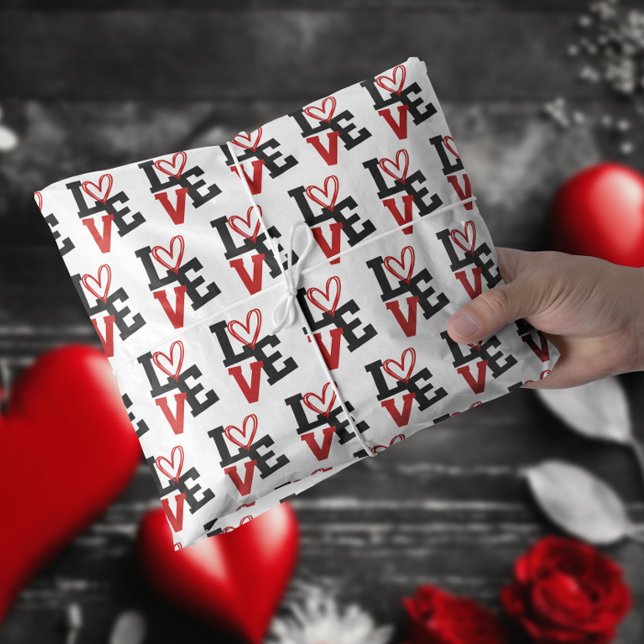 Papier Mousseline Arrière - plan blanc avec Red & Black LOVE Valenti (White Background with Red & Black LOVE Valentine’ Tissue Paper)