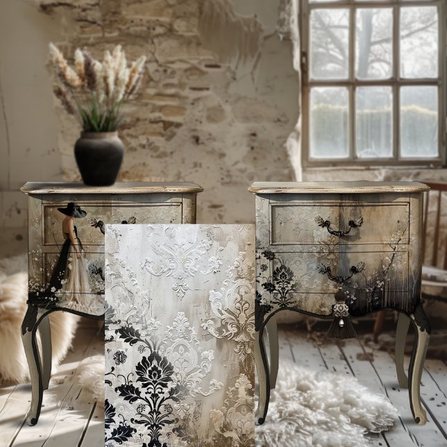 Papier Mousseline Arrière - plan Chic Chic noir & beige Raisonné Dem (Black Tie, Elegant, Rustic, Shabby Chic Raised Demask, Moody Aesthetics, Decoupage Tissue Paper.)