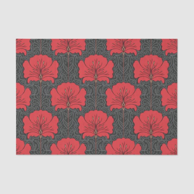 Papier Mousseline Art déco, fleurs rouges, noir, cru, chic, élégant, (Recto)