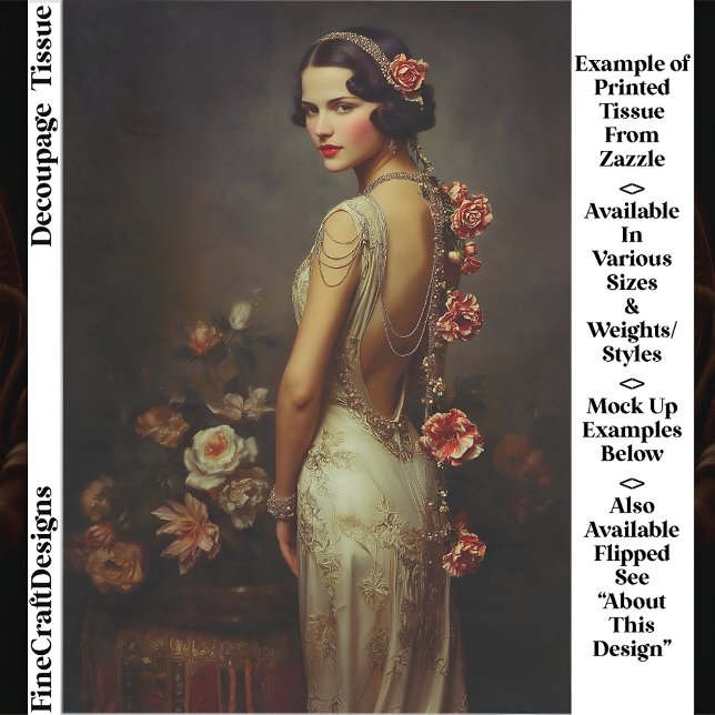 Papier Mousseline Art Deco Woman & Roses Portrait EZ8L Decoupage (Créateur téléchargé)