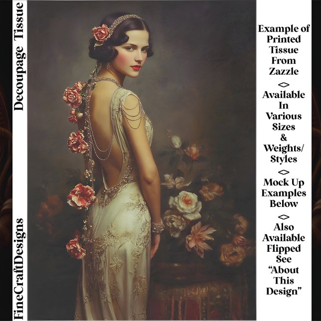 Papier Mousseline Art Deco Woman & Roses Portrait EZ8R Decoupage (Créateur téléchargé)