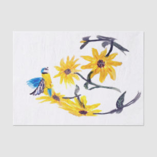 Papier Mousseline Art Floral Oiseaux, Fleurs de soleil bleu Tit