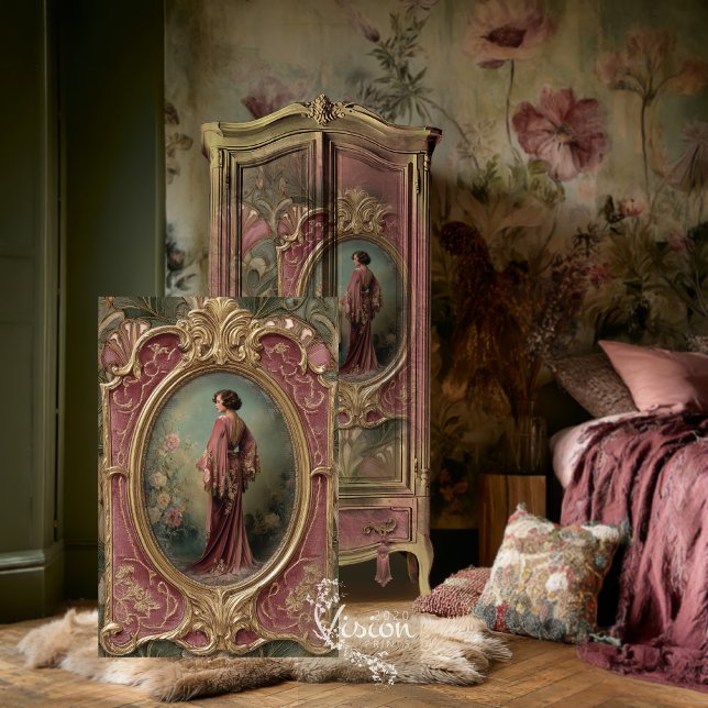Papier Mousseline Art Nouveau Flapper Rose Gown Gold Portrait (Art nouveau portrait design on pink gold French armoire dark floral bedroom wallpaper)