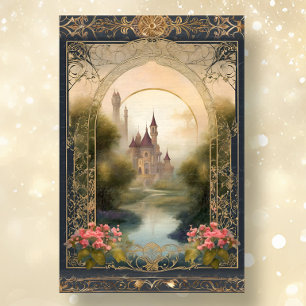 Papier Mousseline Art Nouveau Floral Castle Navy n Gold Ephemera 5B